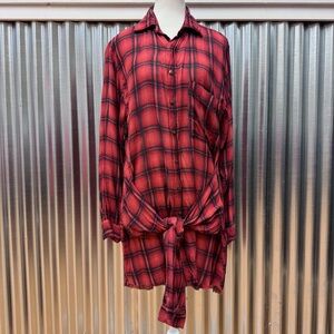 FP One Free People Red & Black Plaid Button-Up Tie Front Grunge Shirt Dress